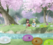 ryoma and eliaria by the forest stream with slimes